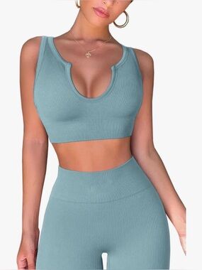 Seamless Ribbed Scoop Neck Crop Tank & High-Waist Legging Set - Sea Foam Green